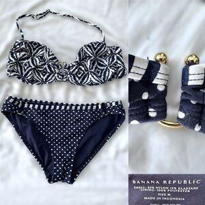Banana Republic Navy & White with Metal Detail Bikini- Large Top Medium Bottoms